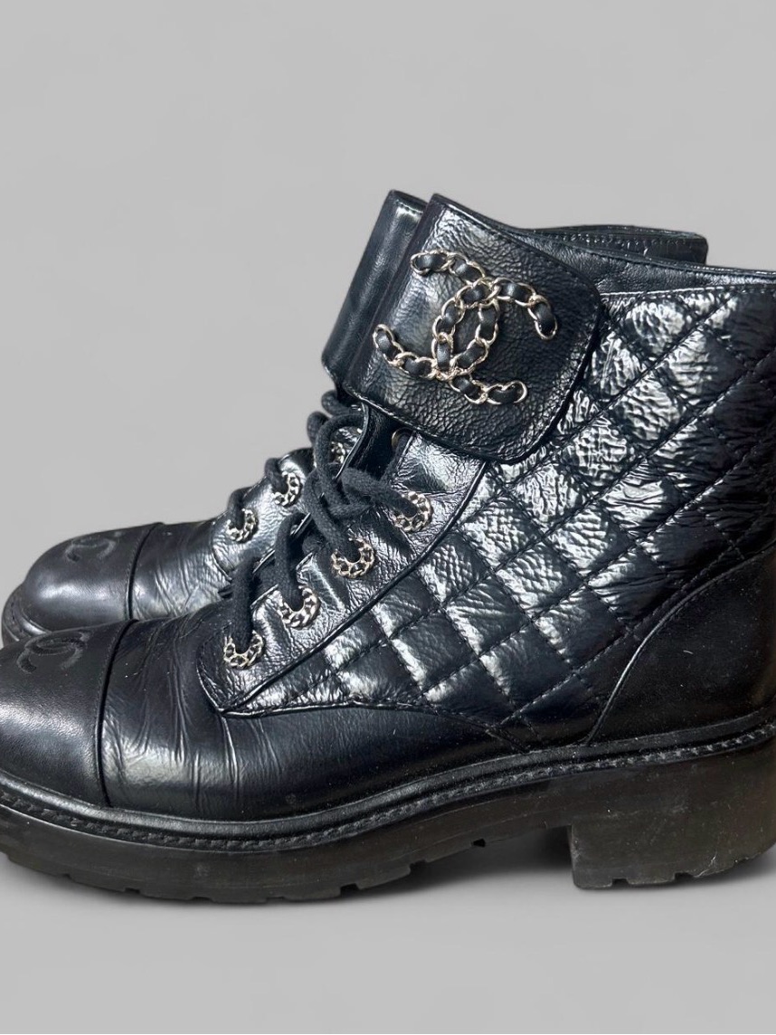 Chanel Black Quilted Leather Lace-Up Ankle Boots With Chain Cc Accent